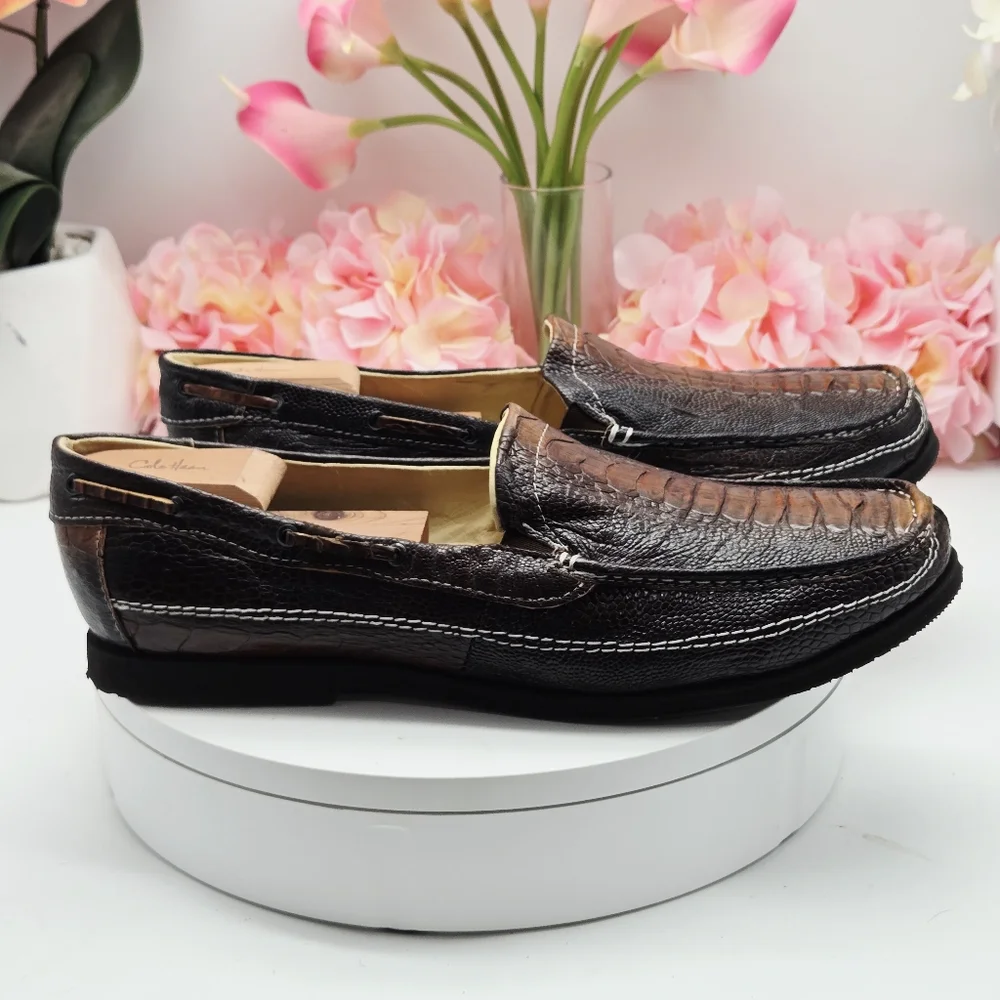 Men’s Ostrich Leather Slip-On Loafers – Size 12 – Brown – Veal Leather Lining